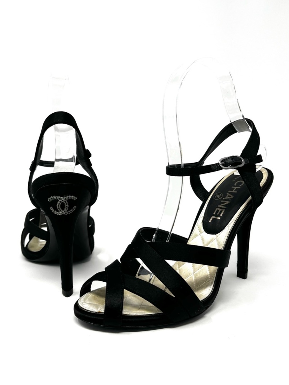 Chanel Strappy Black Satin Silver Crystal‎ CC Logo High Heels Sandals Shoes 37 7
